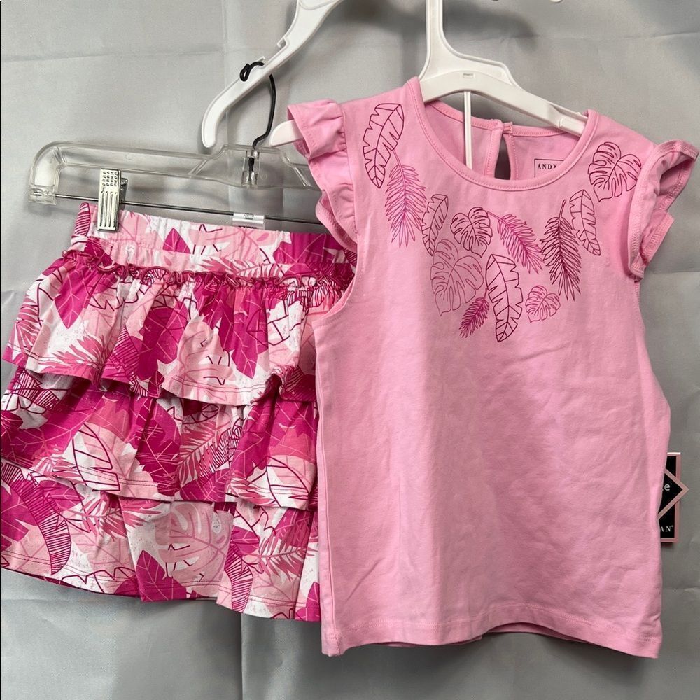 Andy And Evan pink 2-piece ruffle skirt set with shorts underneath pink palm NWT